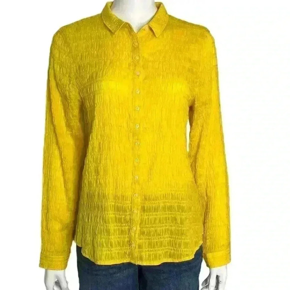 Everlane Yellow Smocked Button Up Blouse Size 10 - Picture 3 of 11